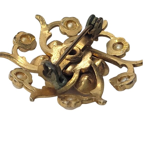 Vintage Floral Brooch With Pink Rhinestone & Faux Pearl Accents Gold Tone - Picture 3 of 8